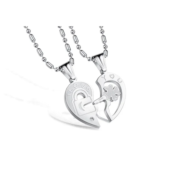 His and Hers Stainless Steel I Love You Heart Lock & Key Couple Pendant Necklace - Picture 8 of 9